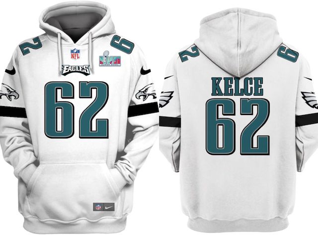 Men's Philadelphia Eagles #62 Jason Kelce White Super Bowl LVII Patch Pullover Hoodie
